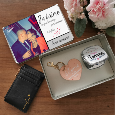 BOX FEMME - grande boîte photo, miroir de poche, porte carte et porte clé