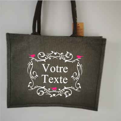 Grand Cabas toile de jute Modèle cadre +VOTRE TEXTE +oiseaux