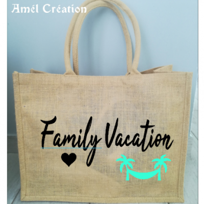 Grand cabas toile de jute Family Vacation double palmier