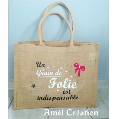Cabas toile de jute Modèle un grain de folie à personnaliser - grande taille