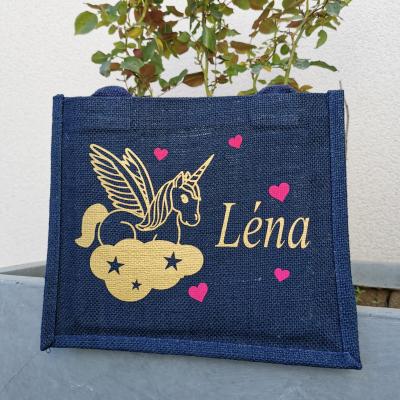Petit Cabas toile de jute Modèle licorne et coeurs