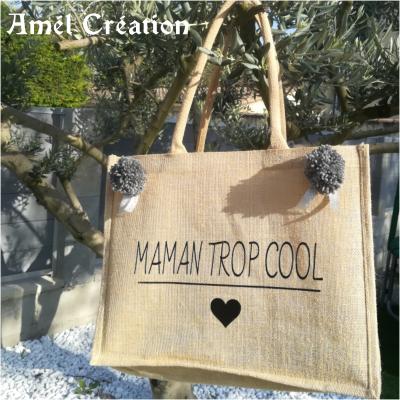 Grand cabas toile de jute Modèle maman trop cool à personnaliser