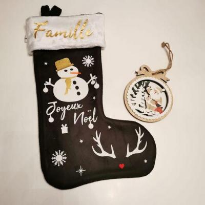 Chaussette de Noël Noir - prénom + bonhomme de neige + tête de cerf et joyeux noël