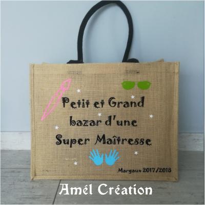 Grand Cabas toile de jute Modèle Petit et Grand bazar d'une super maîtresse (ou autre)  - main