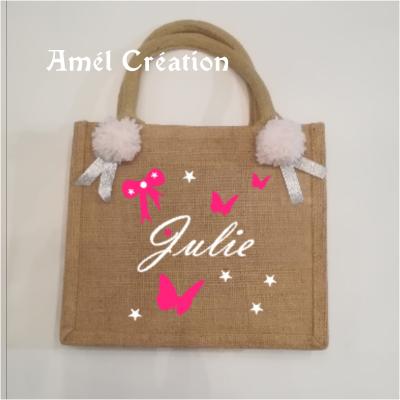 Petit Cabas toile de jute Modèle prénom papillons et étoiles
