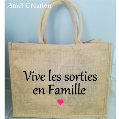 Grand Cabas toile de jute Modèle vive les sorties en famille